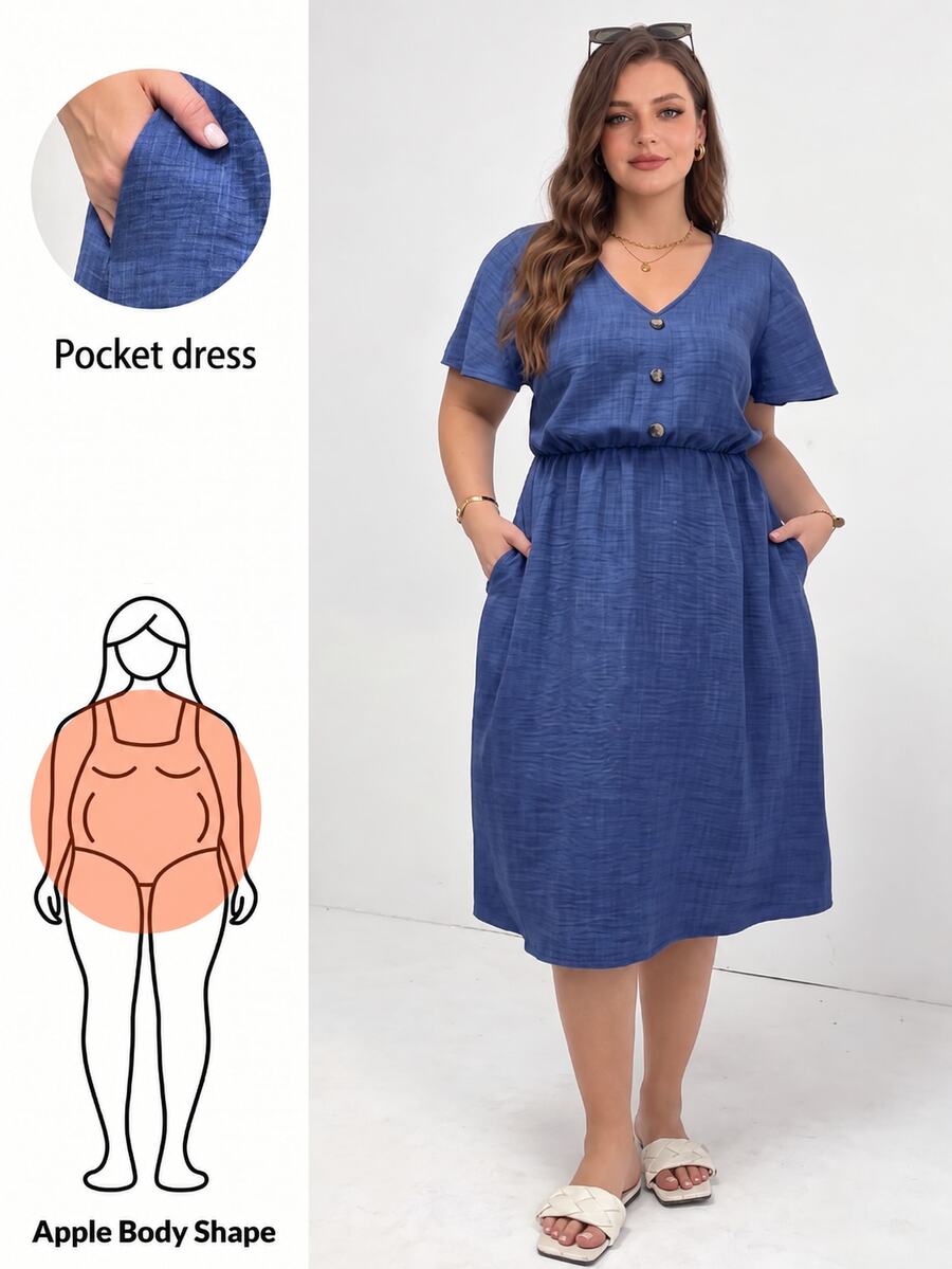 Shapeblank Plus Size Women's Light Blue Summer Vacation Mid-Length Sun Dress,V-Neck Short Sleeve Casual Loose Smart Casual Teacher Outfits With Pockets,Simple - Blue - View 1