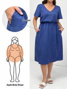 Shapeblank Plus Size Women's Light Blue Summer Vacation Mid-Length Sun Dress,V-Neck Short Sleeve Casual Loose Smart Casual Teacher Outfits With Pockets,Simple - Blue - View 3