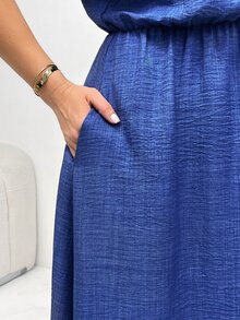Shapeblank Plus Size Women's Light Blue Summer Vacation Mid-Length Sun Dress,V-Neck Short Sleeve Casual Loose Smart Casual Teacher Outfits With Pockets,Simple - Blue - View 6