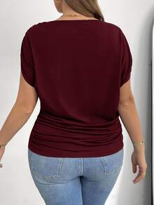 Shapeblank Plus Size Women's Short-Sleeved T-Shirt, Burgundy, Autumn, Smart Casual, Everyday, Loose Casual Work Top, Church, Teacher, Simple Style - Burgundy - View 3