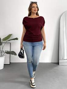 Shapeblank Plus Size Women's Short-Sleeved T-Shirt, Burgundy, Autumn, Smart Casual, Everyday, Loose Casual Work Top, Church, Teacher, Simple Style - Burgundy - View 6