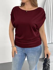 Shapeblank Plus Size Women's Short-Sleeved T-Shirt, Burgundy, Autumn, Smart Casual, Everyday, Loose Casual Work Top, Church, Teacher, Simple Style - Burgundy - View 7