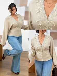 Lounesse Plus Size Elegant Button Lace Embroidered Knit Cardigan Casual Going Out Cardigan For Women Fall/Winter Casual Office Business Work Teacher For Women - Apricot - View 7