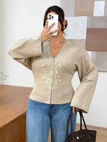 Lounesse Plus Size Elegant Button Lace Embroidered Knit Cardigan Casual Going Out Cardigan For Women Fall/Winter Casual Office Business Work Teacher For Women - Apricot - View 8