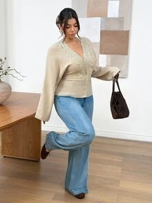 Lounesse Plus Size Elegant Button Lace Embroidered Knit Cardigan Casual Going Out Cardigan For Women Fall/Winter Casual Office Business Work Teacher For Women - Apricot - View 5