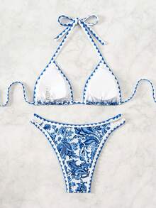 Swim Vcay Women's Summer Beach Plant Printed Halter Neck Sexy Bikini Set With Separated Bikini Set - Blue - View 3