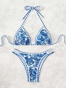 Swim Vcay Women's Summer Beach Plant Printed Halter Neck Sexy Bikini Set With Separated Bikini Set - Blue - View 7