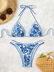 Swim Vcay Women's Summer Beach Plant Printed Halter Neck Sexy Bikini Set With Separated Bikini Set - Blue - View 4