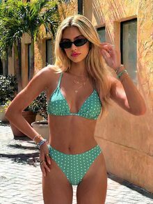 Swim Vcay 2026春夏女式吊带挂脖黑色底白色波点随机印花甜美可爱侧高衩比基尼泳衣两件套度假休闲绿色比基尼两件套波点比基尼套装 - 綠色 - 查看 1