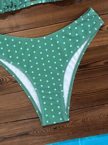 Swim Vcay 2026春夏女式吊带挂脖黑色底白色波点随机印花甜美可爱侧高衩比基尼泳衣两件套度假休闲绿色比基尼两件套波点比基尼套装 - 綠色 - 查看 7