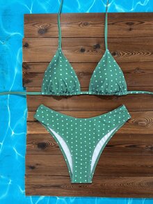 Swim Vcay 2026春夏女式吊带挂脖黑色底白色波点随机印花甜美可爱侧高衩比基尼泳衣两件套度假休闲绿色比基尼两件套波点比基尼套装 - 綠色 - 查看 5