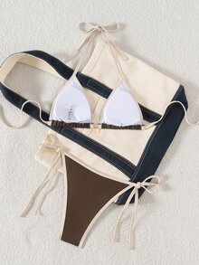 Swim Vcay 女士夏季新款挂脖系带撞色滚边雏菊吊坠低腰三角比基尼套装 - 棕色 - 查看 3