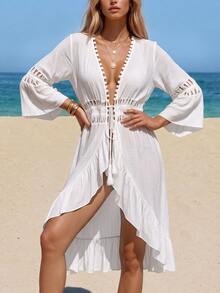 SHEIN Swim Summer Beach Flounce Sleeve Tie Front Ruffle Trim Kimono Beach Dresses - White - View 4
