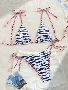 Swim Vcay Women 2 Pieces Swimwear, Navy And White Sweet Shoulderless Bikini With Side Bow, Wire-Free, Summer, Tropical, Holiday, Pool Party, Vacation, Holiday - Navy Blue - View 5