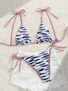 Swim Vcay Women 2 Pieces Swimwear, Navy And White Sweet Shoulderless Bikini With Side Bow, Wire-Free, Summer, Tropical, Holiday, Pool Party, Vacation, Holiday - Navy Blue - View 7