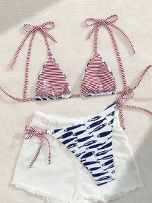 Swim Vcay Women 2 Pieces Swimwear, Navy And White Sweet Shoulderless Bikini With Side Bow, Wire-Free, Summer, Tropical, Holiday, Pool Party, Vacation, Holiday - Navy Blue - View 2