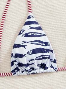 Swim Vcay Women 2 Pieces Swimwear, Navy And White Sweet Shoulderless Bikini With Side Bow, Wire-Free, Summer, Tropical, Holiday, Pool Party, Vacation, Holiday - Navy Blue - View 4