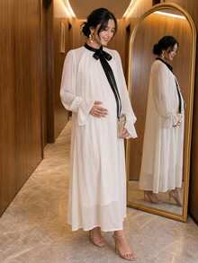 Dazy Maternity Patchwork Contrast Color Ruffle Collar Loose Long Sleeve Flared Sleeve A-Line Dress Elegant Vacation Daily Spring Autumn Maternity Dress - White - View 5