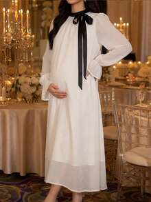 Dazy Maternity Patchwork Contrast Color Ruffle Collar Loose Long Sleeve Flared Sleeve A-Line Dress Elegant Vacation Daily Spring Autumn Maternity Dress - White - View 6