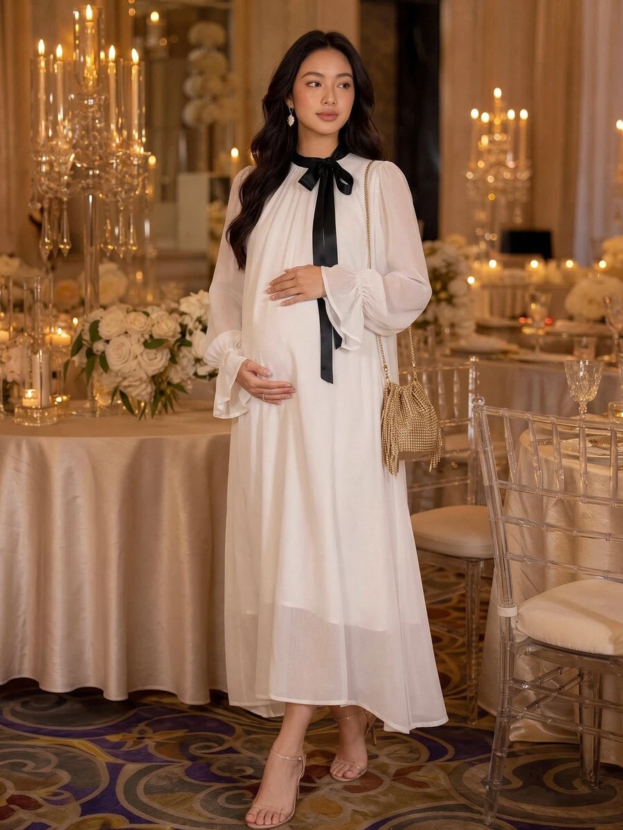 Dazy Maternity Patchwork Contrast Color Ruffle Collar Loose Long Sleeve Flared Sleeve A-Line Dress Elegant Vacation Daily Spring Autumn Maternity Dress - White - View 1