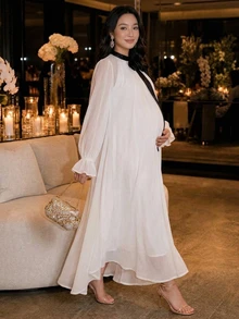 Dazy Maternity Patchwork Contrast Color Ruffle Collar Loose Long Sleeve Flared Sleeve A-Line Dress Elegant Vacation Daily Spring Autumn Maternity Dress - White - View 4