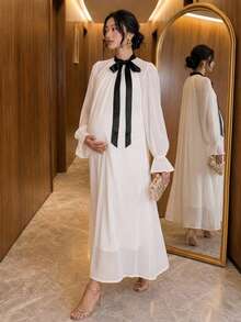 Dazy Maternity Patchwork Contrast Color Ruffle Collar Loose Long Sleeve Flared Sleeve A-Line Dress Elegant Vacation Daily Spring Autumn Maternity Dress - White - View 11