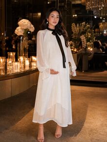 Dazy Maternity Patchwork Contrast Color Ruffle Collar Loose Long Sleeve Flared Sleeve A-Line Dress Elegant Vacation Daily Spring Autumn Maternity Dress - White - View 8