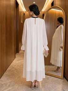 Dazy Maternity Patchwork Contrast Color Ruffle Collar Loose Long Sleeve Flared Sleeve A-Line Dress Elegant Vacation Daily Spring Autumn Maternity Dress - White - View 2