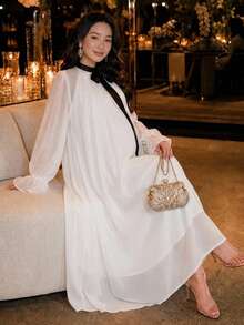 Dazy Maternity Patchwork Contrast Color Ruffle Collar Loose Long Sleeve Flared Sleeve A-Line Dress Elegant Vacation Daily Spring Autumn Maternity Dress - White - View 9