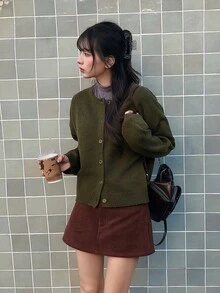 DAZY 女款素色寬鬆長袖休閒度假韓風日常秋冬針織開襟衫 - 綠色 - 查看 6