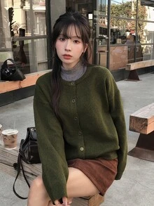 DAZY 女款素色寬鬆長袖休閒度假韓風日常秋冬針織開襟衫 - 綠色 - 查看 4