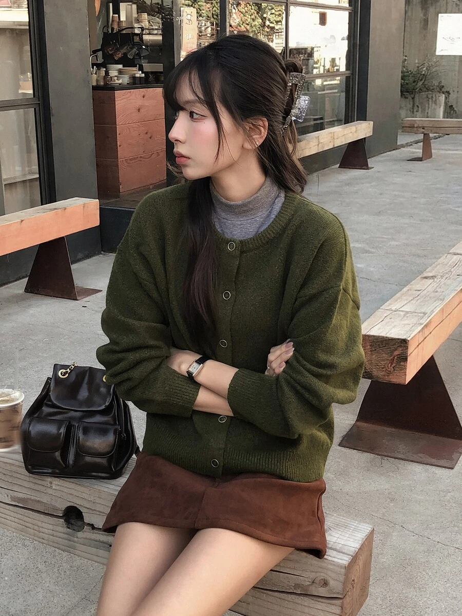 DAZY 女款素色寬鬆長袖休閒度假韓風日常秋冬針織開襟衫 - 綠色 - 查看 1