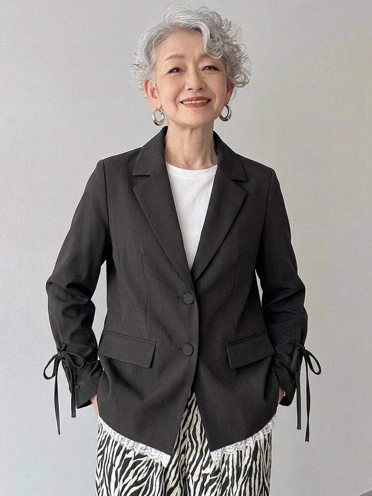 FRIFUL 女款單排扣長袖優雅俐落時尚休閒夾克外套，適合辦公室、派對、外出正式場合，黑色，秋季 - 灰色 - 查看 1