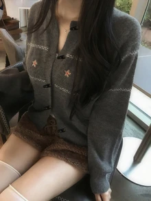DAZY Women's Contrast Color Jacquard Floral Embroidered Loose Long Sleeve Casual Vacation Korean Style Autumn/Winter Knit Cardigan - Grey - View 6