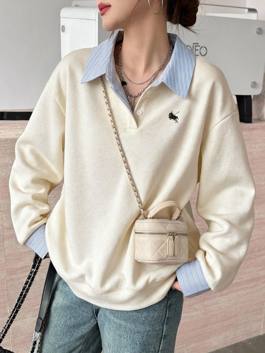 SHEIN 青少年女孩極簡風假分層長袖衛衣,附襯衫領,適合秋冬街頭風或休閒學院風穿搭 - 杏色 - 查看 1