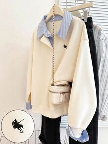 SHEIN 青少年女孩極簡風假分層長袖衛衣，附襯衫領，適合秋冬街頭風或休閒學院風穿搭 - 杏色 - 查看 3
