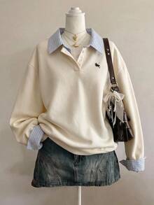 SHEIN 青少年女孩極簡風假分層長袖衛衣，附襯衫領，適合秋冬街頭風或休閒學院風穿搭 - 杏色 - 查看 4