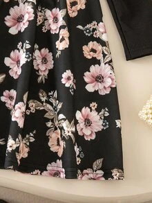 SHEIN 女童針織素色圓領拼接梭織花卉下擺休閒洋裝 - 彩色 - 查看 9