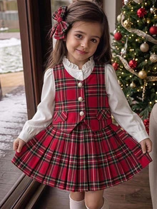 SHEIN 3pcs/Set Young Girls Elegant Plaid Suit,Gold Button Vest,Ruffle Collar Shirt,Pleated Skirt,Back-To-School,Career Day,Summer,Preppy School Uniform Set - Red and White - View 3