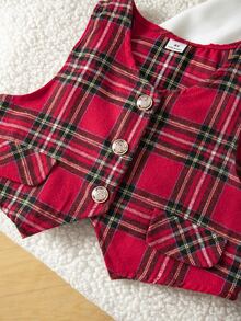 SHEIN 3pcs/Set Young Girls Elegant Plaid Suit,Gold Button Vest,Ruffle Collar Shirt,Pleated Skirt,Back-To-School,Career Day,Summer,Preppy School Uniform Set - Red and White - View 8