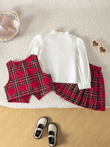SHEIN 3pcs/Set Young Girls Elegant Plaid Suit,Gold Button Vest,Ruffle Collar Shirt,Pleated Skirt,Back-To-School,Career Day,Summer,Preppy School Uniform Set - Red and White - View 9
