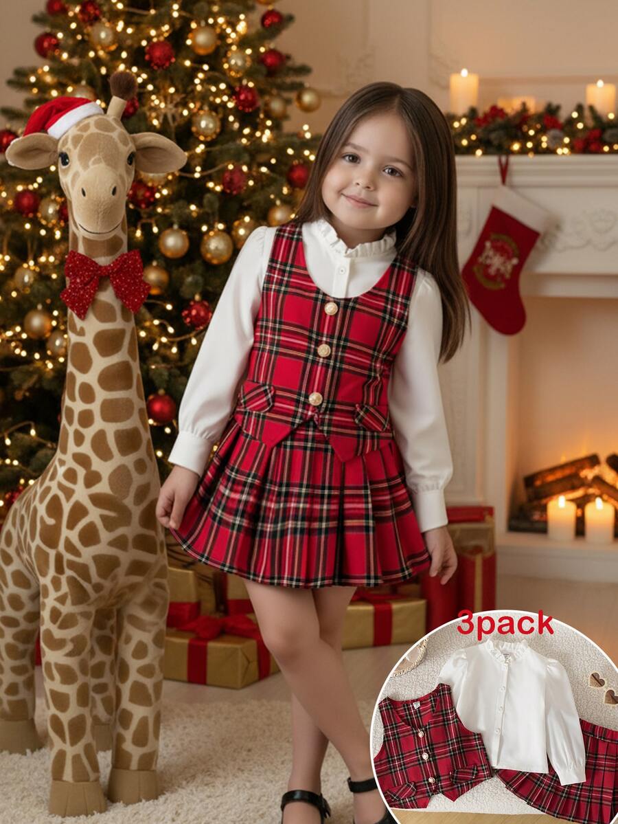 SHEIN 3pcs/Set Young Girls Elegant Plaid Suit,Gold Button Vest,Ruffle Collar Shirt,Pleated Skirt,Back-To-School,Career Day,Summer,Preppy School Uniform Set - Red and White - View 1