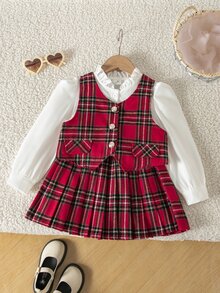 SHEIN 3pcs/Set Young Girls Elegant Plaid Suit,Gold Button Vest,Ruffle Collar Shirt,Pleated Skirt,Back-To-School,Career Day,Summer,Preppy School Uniform Set - Red and White - View 2
