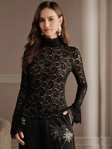 Anewsta Áo blouse nữ tay chuông ren thanh lịch thời trang cho mùa thu/đông, phù hợp đi chơi, hẹn hò, tiệc tùng và đám cưới - màu đen - Xem 4