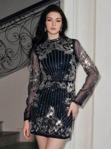 Anewsta Affair Women's Heavy Beaded & Sequined Embroidered Embellished Slim Fit Elegant Evening Dress - Blue - View 3