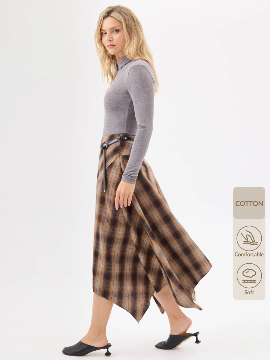 KÆRIA Hus Asymmetric Handkerchief Midi Skirt - Peached Drape - Brown Plaid, Western Vintage Elegant, 90s, Draped, Boho Thanksgiving School Work Brunch Fall