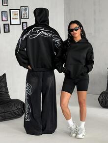 DRPCRD 女款秋季保暖日常街頭休閒時尚黑白大廓型字母圖案連帽長袖衛衣 - 黑色 - 查看 2