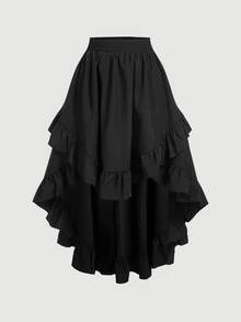 SHEIN MOD Plus Size Women's Black Ruffles Hem Skirt, Vintage Black Layered Skirt Fall - Black - View 2