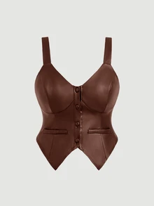 SHEIN MOD Plus Size Brown PU Leather Minimalist Fitted Top - Brown - View 2