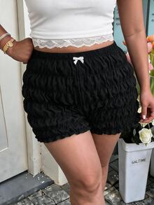 SHEIN MOD Shorts plisados y mini con decoración de lazo kawaii para mujer de tallas grandes con estampado de tomate - Negro - Ver 5